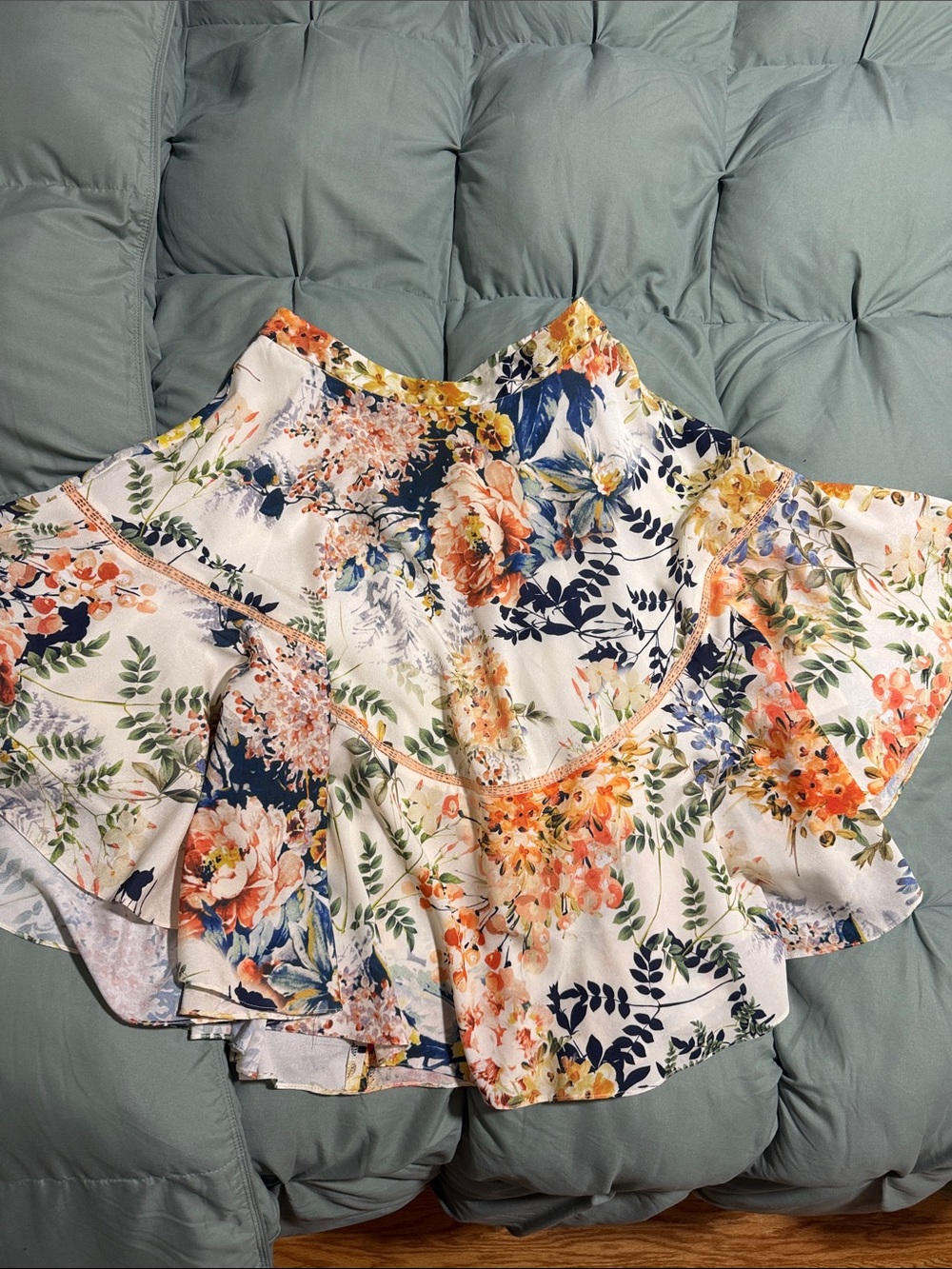 Ranna Gill White Floral Skirt with Navy & Orange Blooms